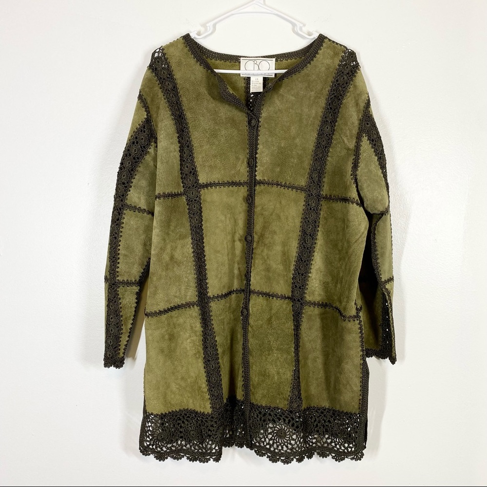 1x Olive Green Crochet-Trim Suede Jacket